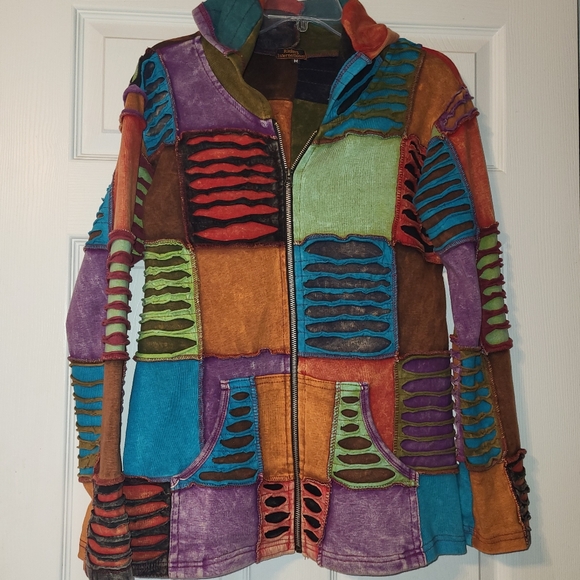 Colorful Patchwork Hooded Jacket Size Medium Made In Nepal Distressed Pockets - Picture 3 of 11